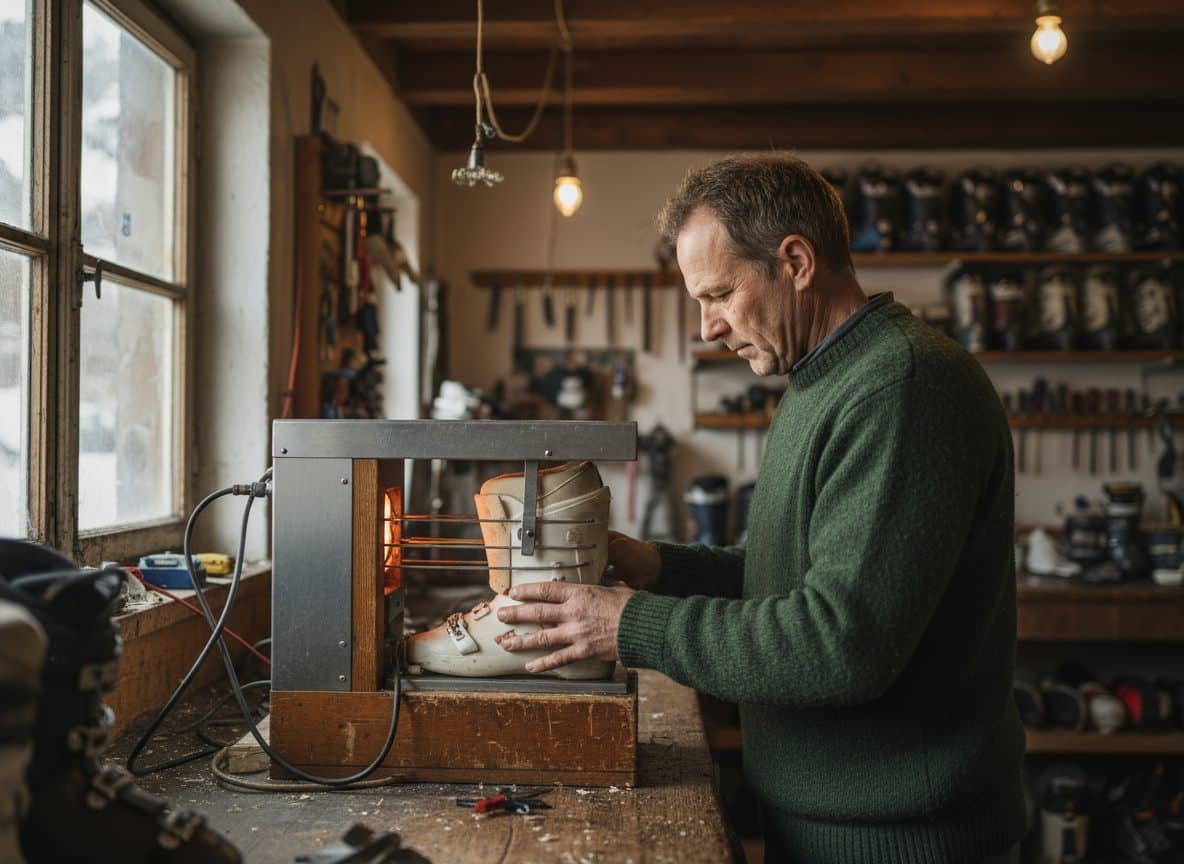 En bootfitter varmestøber en inderstøvle på et skiværksted