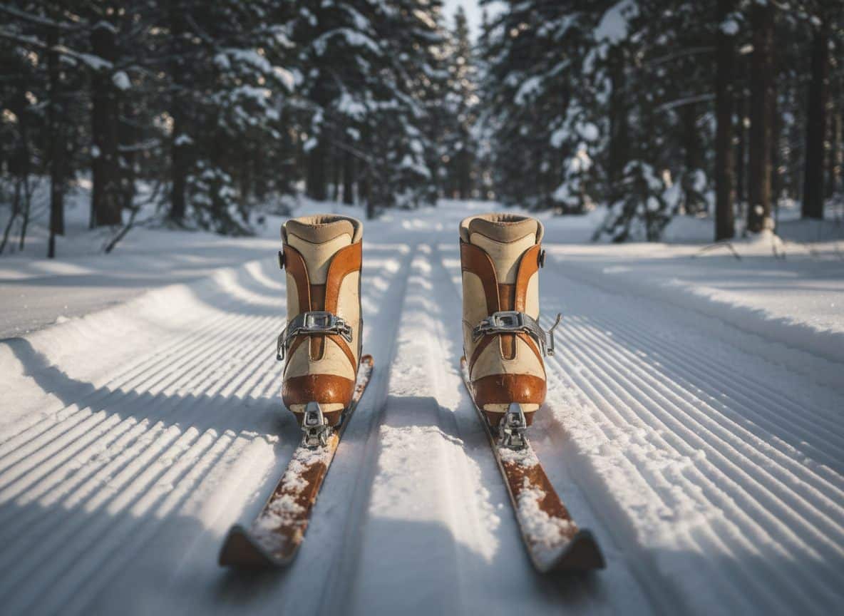 Langrendsstøvler i et spor gennem snedækket skov